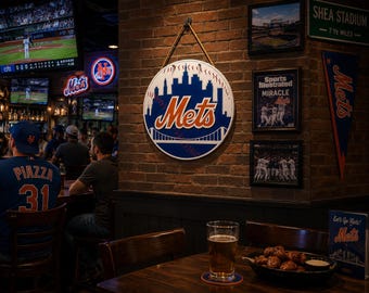 Handmade New York Mets Wood Sign: NYC Skyline & Bridge - MLB Wall Art