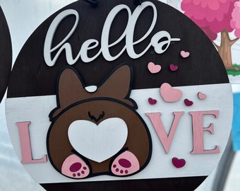 Hello Love Corgi handmade homemade hand painted door sign wall art