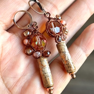 Handcrafted Old Map Boho Earrings, Antique Copper Topaz Crystal Chandelier, Vintage Steampunk Light Jewelry, Unique Artisan Earrings