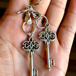 Handcrafted Antique Silver Victorian Hand Key Earrings, Gothic Skeleton Key Dangles, Witchy O Ring Leverback Drops, Dark Academia Earrings