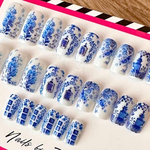 Portuguese Tile Azulejo  Press On Nails  |  Blue Porcelain & Silver Nail complete set