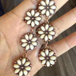 Antique Copper Southwestern Earrings, White Faux Turquoise Concho Dangles, Boho Cowgirl Western Triple Cascade Concho Earrings