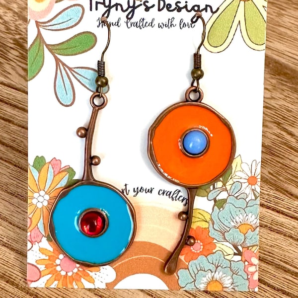 Asymmetrical Mid-Century Modern Earrings - Abstract Blue and Orange Enameled Copper Dangles - Geometric Art Deco Jewelry