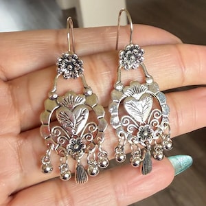 Sacred Heart Silver Earrings, Heart Flower Chandelier Dangles, Boho Sagrado Corazón Gypsy Earrings, Intricate Mexican Folk Art Dangles