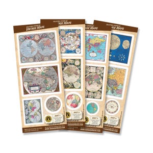 May include: Four vertical sheets of collectible stickers featuring vintage maps. Each sheet displays various historical cartographic illustrations, including world maps, celestial charts, and regional diagrams with detailed borders and text.
