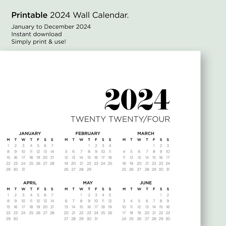 2024 Wall Calendar, Printable PDF, A2 A3 & A4 Size, 12 Month Wall