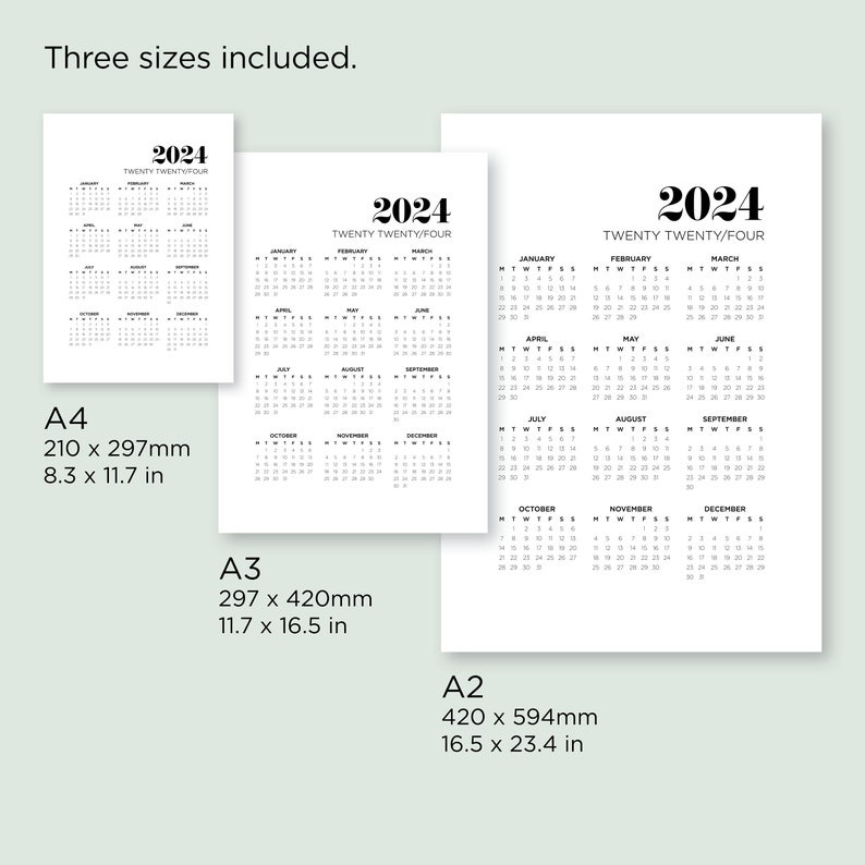 2024 Wall Calendar, Printable PDF, A2 A3 & A4 Size, 12 Month Wall