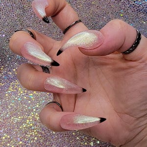 Könnte beinhalten: Ein Set langer, stilettoförmiger Kunstnägel mit einer durchsichtigen rosa Basis und einer schwarzen Spitze. Die Nägel haben ein leicht schimmerndes Finish.