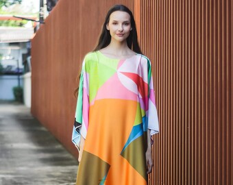 kaftan colorful print kaftan Silk abstract caftan print comfort maxi dress stylish daily wear for humid weather special gift for colleague