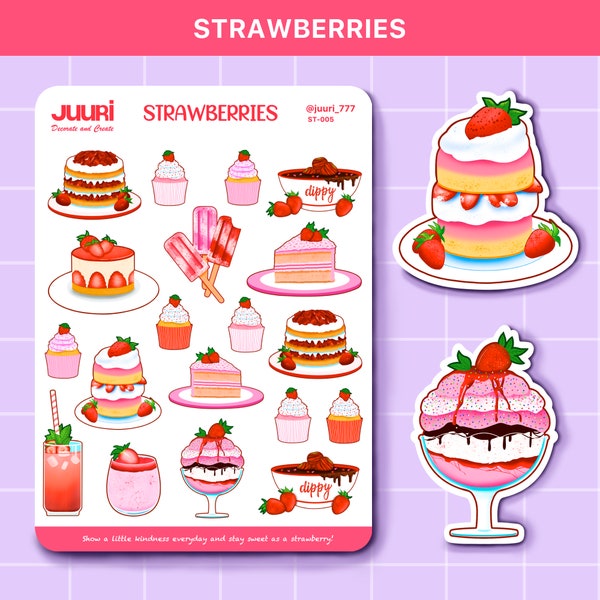 Sticker Sheet strawberry pink sweet dessert and drink for bullet journaling planner scrapbooking diary