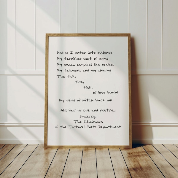 The Tortured Poets Department Poem Poster, Taylor Swift, Printable Digital Download, Bedroom Dorm Decor, Gift for Swiftie, TS11 Quote