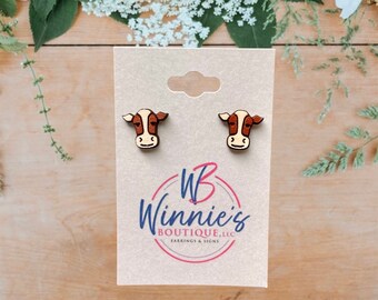 Boucles d'oreilles en bois de vache - Jolies boucles d'oreilles vache, cadeau pour amateur de vache, clous d'oreilles vache faits main, boucles d'oreilles hypoallergéniques animaux de la ferme, boucles d'oreilles western