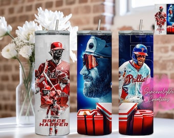 Arpa de los Filis, vaso, vaso recto delgado de 20 oz. Vaso de acero inoxidable con tapa y pajita.