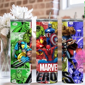 Super Heroes Tumbler, 20 oz Skinny Straight Tumbler. Stainless Steel Tumbler Cup with Lid and Straw.