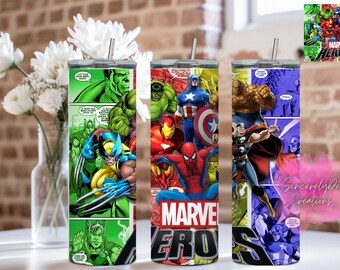 Super Heroes Tumbler, 20 oz Skinny Straight Tumbler. Stainless Steel Tumbler Cup with Lid and Straw.