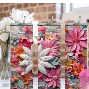 3D Colorful Flower Tumbler, 20 oz Straight Skinny Tumbler. Stainless Steel Tumbler Cup with Lid and Straw.