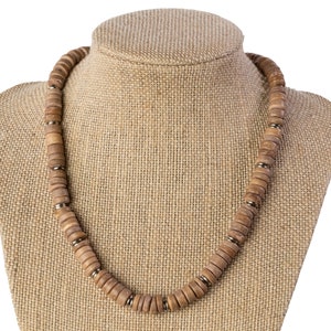 Brown/Oatmeal Coconut Shell Necklace | Beaded Necklace with Metal Spacer | Summer Pool Party Necklace | Coconut Shell Beads |