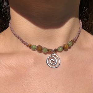 Spiral crystal beaded choker earth toned necklace | Macrame hippie & boho necklace |