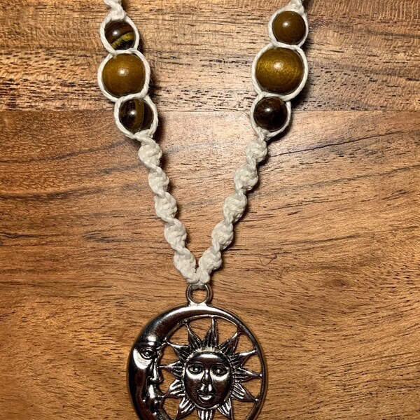 Hemp macrame celestial sun and moon beaded necklace | sun & moon jewelry | hippie boho jewelry | macrame necklace