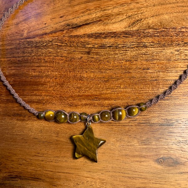 hemp macrame tigers eye crystal star charm beaded choker necklace | crystal jewelry | hippie & boho jewelry