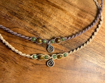 hemp macrame spiral charm beaded choker necklace | spiral jewelry | hippie & boho necklace |