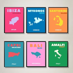 Travel Map Print Set, Amalfi, Bali, Capri, Ibiza, Santorini, Mykonos, Griechenland, Maximalist Art, Trendy Travel Print, Geschenkidee