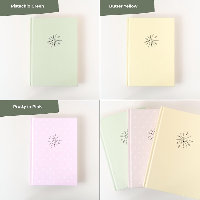 May include: A collection of notebooks in various pastel colors: pistachio green, butter yellow, and pretty in pink. Each notebook features a simple, stylized floral design in black on the cover.
