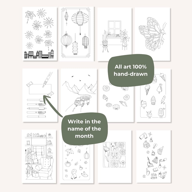 Hand-Drawn A5 Bullet Journal UNDATED Planner | Unique Themes for colouring image 7