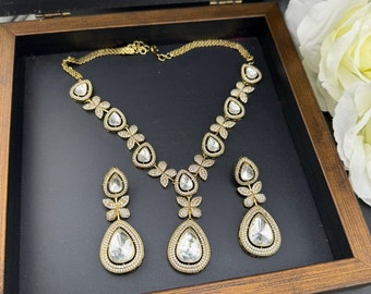 Polki Premium Quality Moissanite Kundan Victorian Necklace set with long earrings/Indo western jewelry/Bridal necklace/wedding/Sabyasachi