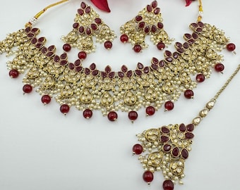 Premium quality Reverse AD Mehndi Polish Necklace set with long earring and Tika/Indian jewelry/Bridesmaids gift/semi-bridal set with Tika