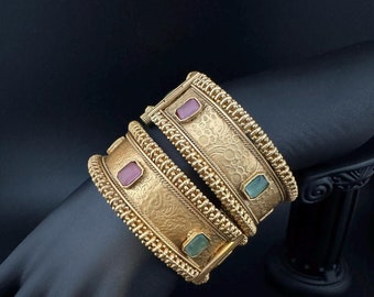 Openable Matt Gold Broad bangle is Amrapali inspired Designer bangles set/Indian Broad Kada set/Temple jewelry/Gold Bangles/Rajwadi Bangle