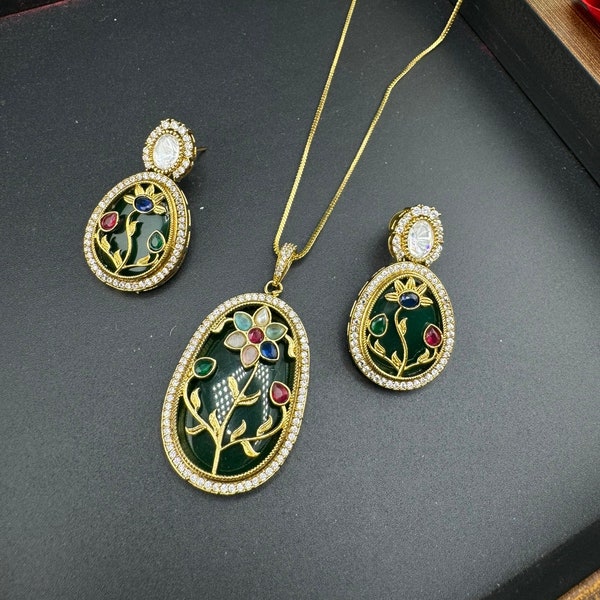 Premium quality Amrapali in Inlay work on all natural stones and moissanite uncut Kundan pendant set with matching earrings/Bridesmaid gift