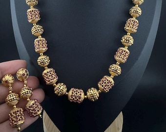 Premium Quality Traditional matt Gold and stones Long Necklace with long earrings/Indian Bridal necklace/Matar Mala/Rani Haar/Gold Plated