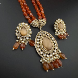 Premium Quality fusion Long Necklace with natural stone, kundan and Beads with beautiful earrings/Contemporary long Necklace set/Party wear