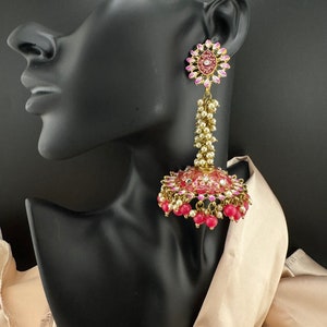 Long unique Jhumka with Minakari work, kundan and pearls details/Indian Statement Earrings/Indian Jhumka Earrings/Bridal Earring/Flat jhumka