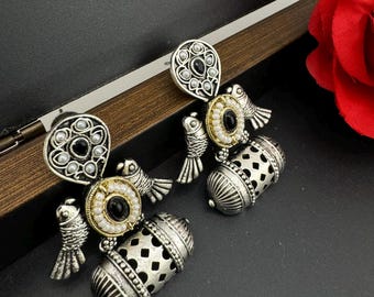 Premium Oxidized German silver earring with stones/Oxidized silver earring/Statement Boho Earring/everyday Indian jewelry/Ethnic Earring