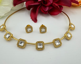 Premium Quality Moissanite Kundan Matt Gold Hasli Necklace with studs earring/Indian jewelry/Sleek Necklace set/Bridesmaids gift/western set