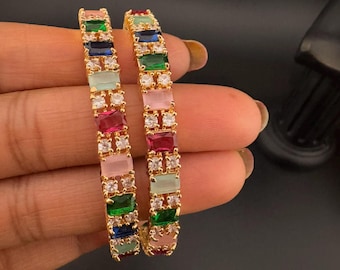 Gold Polki and Cubic Zirconia bangle is Designer inspired bangles set of 2/Indian Kada set/Wedding jewelry/Bangles set/Party wear Bangle