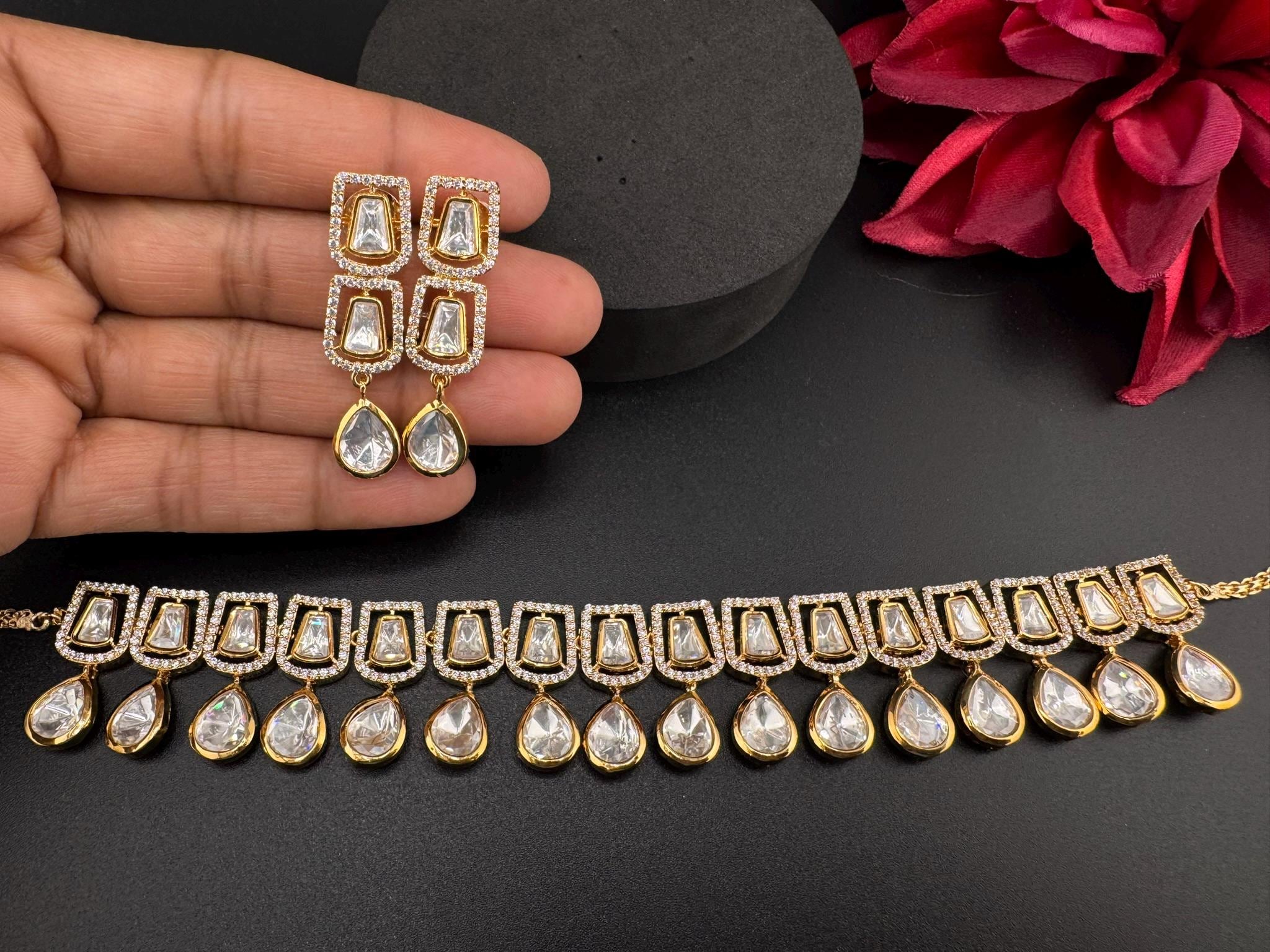 Premium Quality Moissanite Uncut Kundan & CZ is Tyaani Inspired Designer Necklace set with earrings/bridal/High Shine/Indian Jewelry