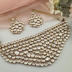 Ensemble de colliers de mariée en or flexible Kundan, Moissanite, CZ, bijoux de mariée indiens