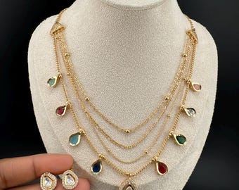Premium Quality Multi Layer chain, Kundan Gold flexible Necklace set with studs earring/Indian jewelry/Sleek Necklace set/Bridesmaids gift