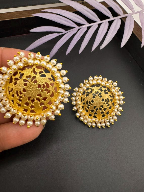 High Quality Premium Gold Details and Pearls Edges Designer Stud Earring big Stud Earring statement Jewelry matt Gold Studs indian Earrings Etsy
