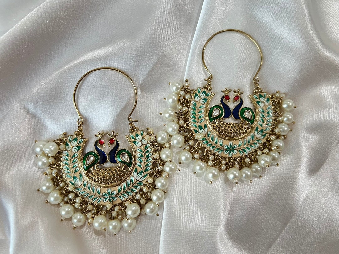 White and Gold Peacock Chand Bali With Minakari, Kundan and Pearls