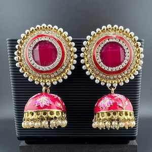 Premium Oversized Stud Jhumka/Magenta and Gold with CZ, pearls, Minakari jhumka details/Indian Earrings/Indian Jhumka/Bridal Earring/Heavy