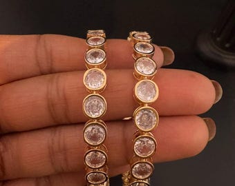 Gold Polki and Cubic Zirconia bangle is Designer inspired bangles set of 2/Indian Kada set/Wedding jewelry/Bangles set/Party wear Bangle