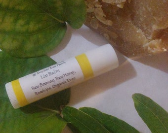 Lip balm, handmade,  ingredients are raw local beeswax and honey, rosehips, and organic ev olive oil