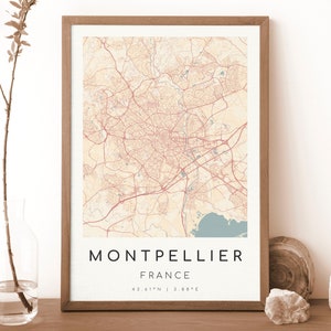 Impresión de mapa de Montpellier, Francia / Mapa de Montpellier / Arte mural digital / Póster con mapa de la ciudad de Montpellier / Mapa moderno / Estilo Botticelli