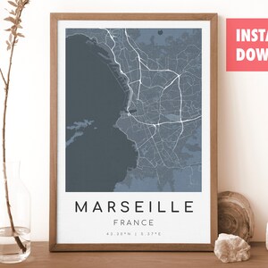 MARSEILLE Frankreich Karte Drucken | Karte von Marseille | Digitales Wandbild | Poster Marseille Stadtplan | Geschenk Karte | Moderne Karte | dunkelblauen Style