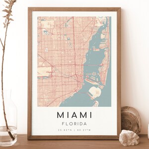 MIAMI Florida kaart afdrukken | Kaart van Miami | Digitale muurkunst | Poster stadskaart Miami | Cadeaukaart | Moderne kaart | Botticelli-stijl