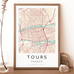 TOURS Carte de France Imprimer | Plan de Tours | Art mural numérique | de carte de la ville de Tours | Carte cadeau | Carte moderne | style vintage